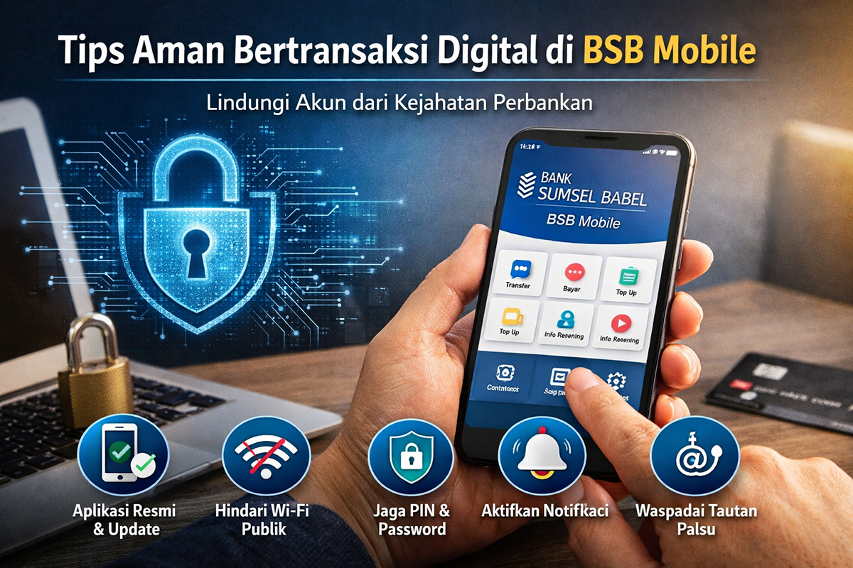 Nasabah menggunakan aplikasi BSB Mobile di smartphone untuk melakukan transaksi digital secara aman.