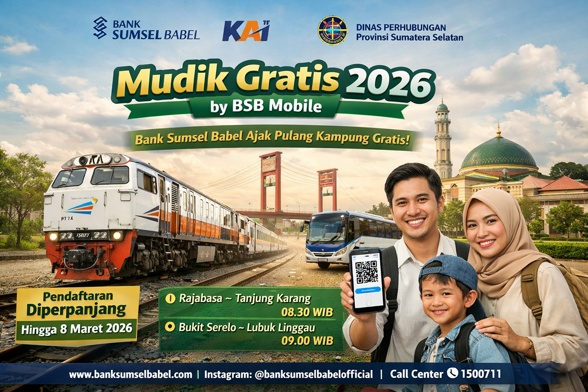 Program Mudik Gratis 2026 by BSB Mobile dari Bank Sumsel Babel hadir untuk memudahkan masyarakat Sumatera Selatan pulang kampung dengan aman dan nyaman.