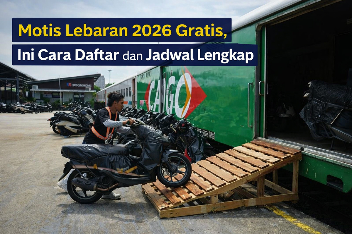 Petugas memuat sepeda motor ke gerbong kereta dalam program Motis Lebaran 2026, solusi mudik gratis yang lebih aman dan nyaman bagi pemudik.