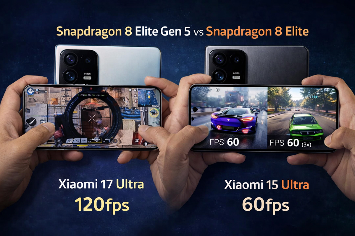 Perbandingan performa gaming Snapdragon 8 Elite Gen 5 vs Snapdragon 8 Elite di Xiaomi 17 Ultra dan Xiaomi 15 Ultra, menunjukkan perbedaan FPS 120Hz vs 60Hz dengan efisiensi daya lebih baik di generasi terbaru.