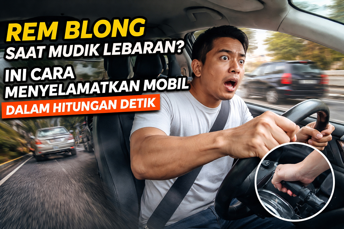 Ilustrasi pengemudi mengendalikan mobil saat mengalami rem blong di tengah perjalanan mudik Lebaran.