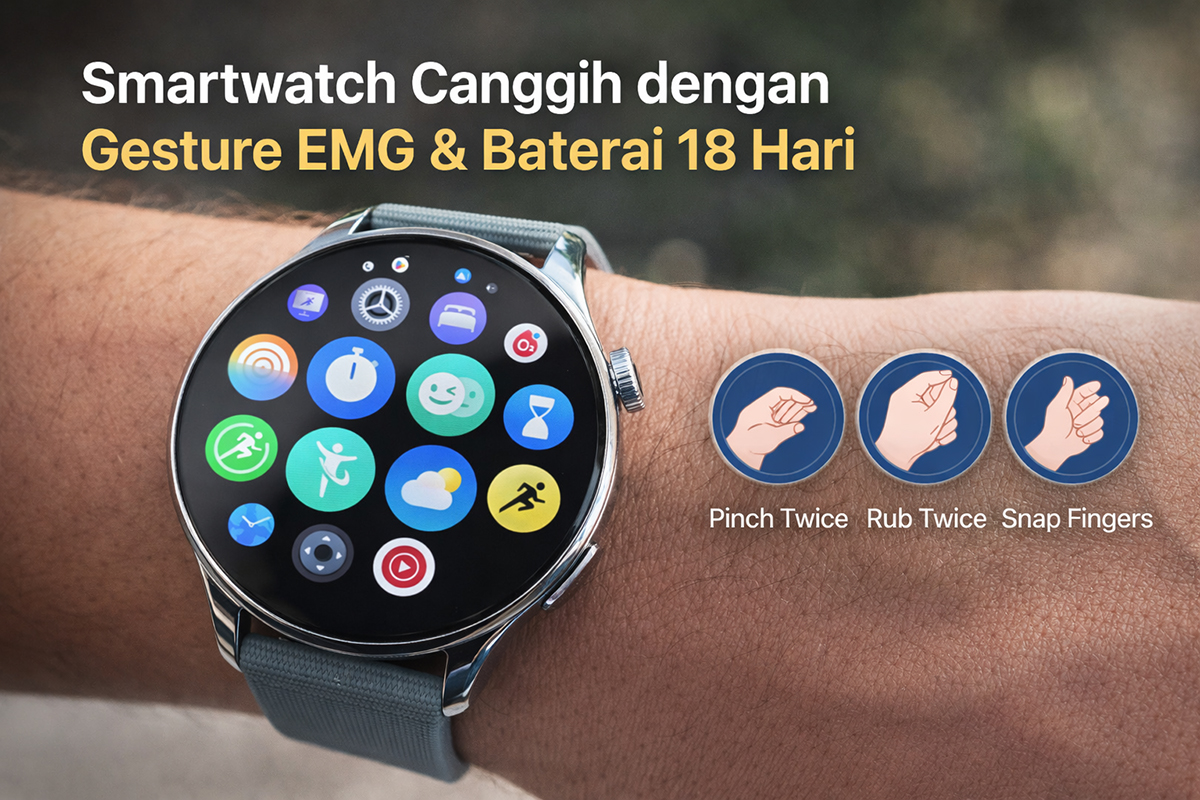 Smartwatch canggih dengan teknologi Gesture EMG yang memungkinkan kontrol hanya lewat gerakan tangan, dipadukan baterai tahan hingga 18 hari untuk penggunaan maksimal sepanjang hari.