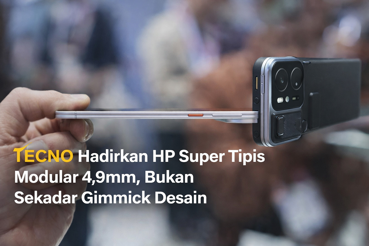 TECNO pamerkan konsep HP super tipis 4,9mm dengan desain modular magnetik di MWC 2026, memungkinkan pengguna menambah baterai hingga modul kamera sesuai kebutuhan.