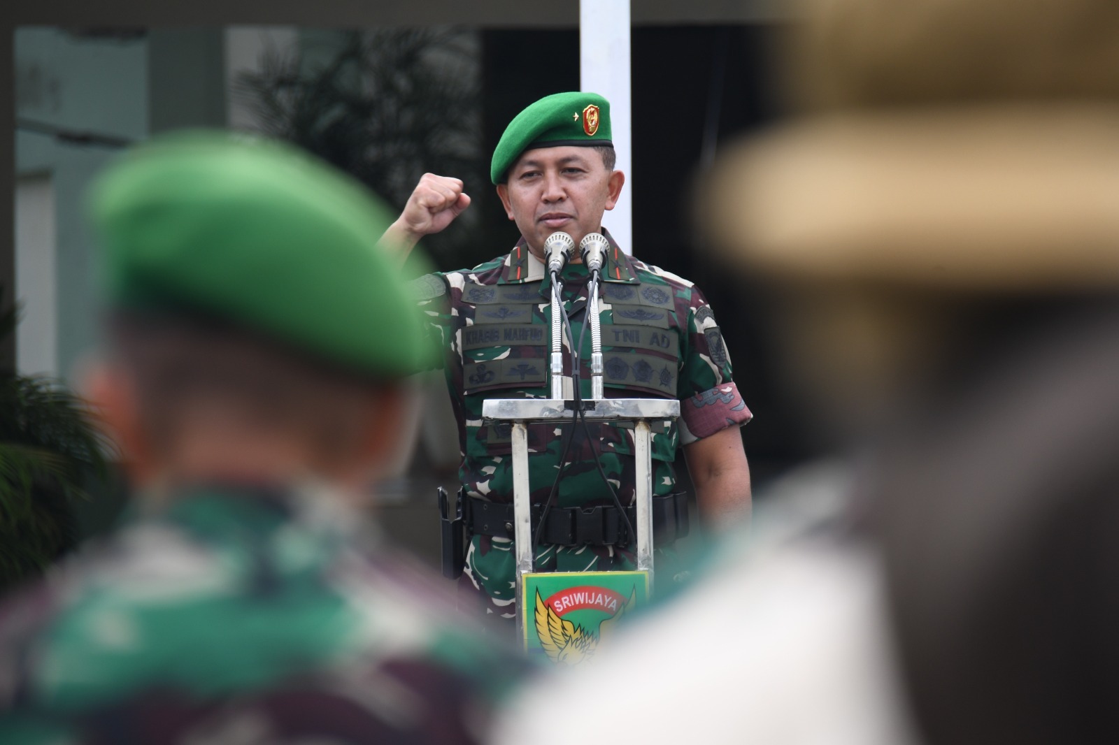 Apel perdana Danrem 044/Gapo, Brigjen TNI Khabib Mahfud, S.I.P., M.M., di Lapangan Apel Makorem 044/Gapo Palembang, Rabu (4/3/2026).