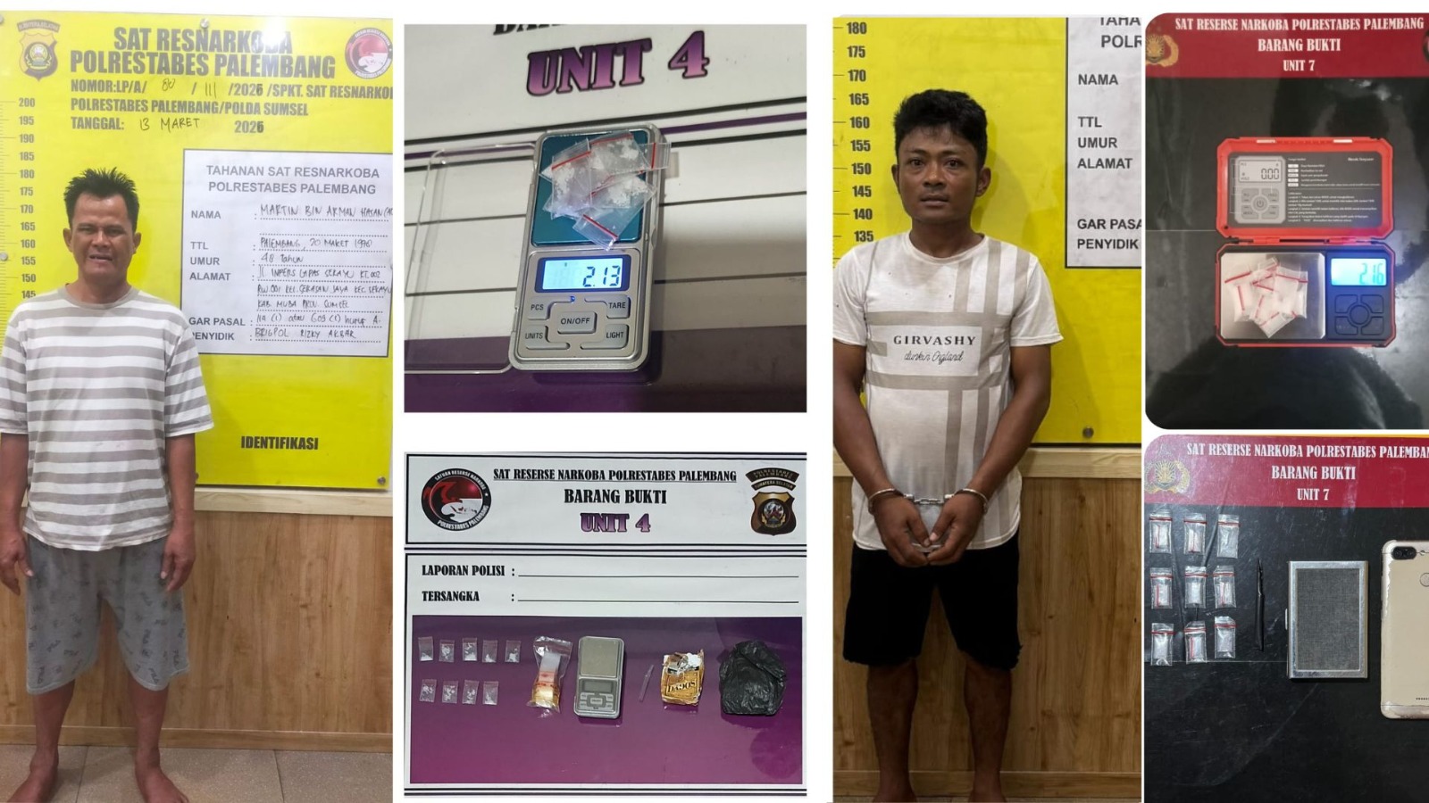 Dua tersangka peredaran narkotika berhasil diamankan Satresnarkoba Polrestabes Palembang dalam operasi penindakan yang dilakukan di dua lokasi berbeda di Kota Palembang.