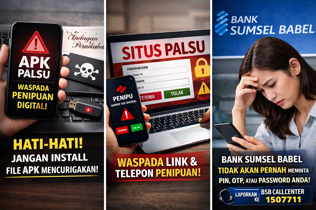 Bank Sumsel Babel mengimbau masyarakat untuk meningkatkan kewaspadaan terhadap berbagai modus penipuan digital, seperti file APK palsu, tautan jebakan, hingga panggilan telepon yang mengatasnamakan instansi tertentu demi mencuri data pribadi nasabah.