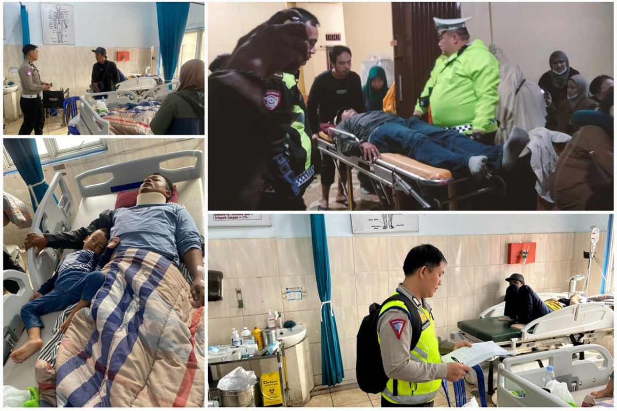 Petugas kepolisian bersama warga melakukan evakuasi bus AKAP PO Al-Hijrah yang terperosok ke jurang di Jalan Lintas Tengah Sumatera, Desa Sugihwaras, Kecamatan Gumay Talang, Kabupaten Lahat, Senin (16/3/2026) dini hari.