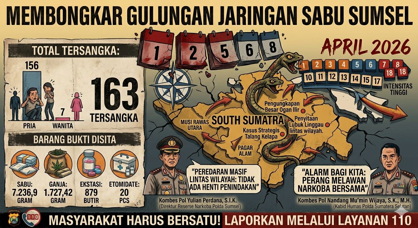 Peredaran Narkoba Masih Masif, Jajaran Polda Sumsel Ungkap 116 Kasus Narkoba Sepanjang April 2026